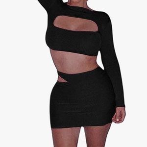 Black Crop Top Skirt Two Piece Cut out set